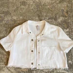 Zara white denim cropped short sleeve button down top Festival Y2K bridal street